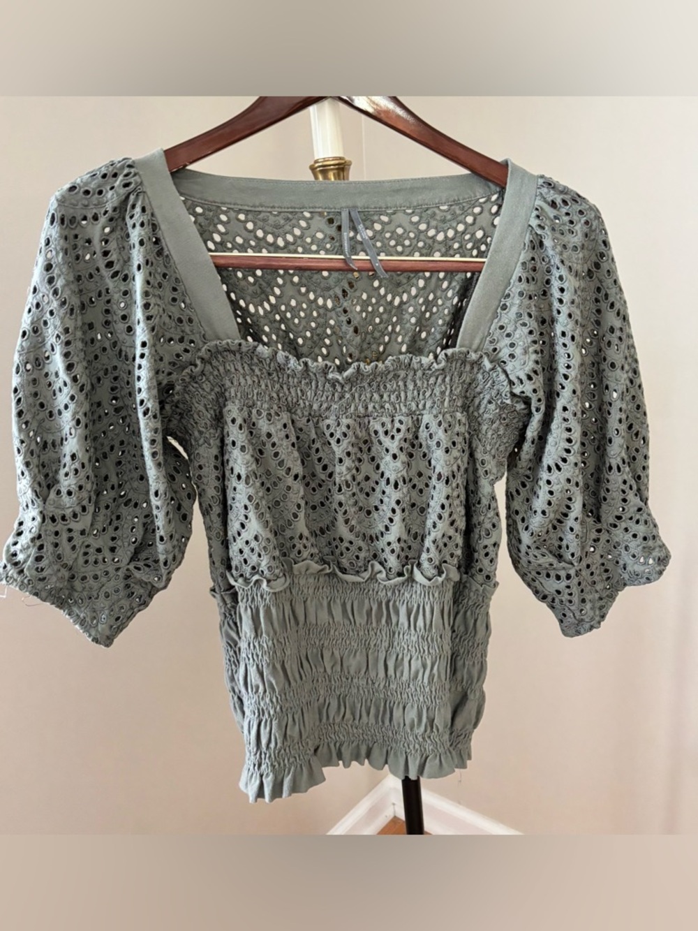 Anthropologie Sage Green Romantic Feminine Smocked Eyelet Top Size Medium